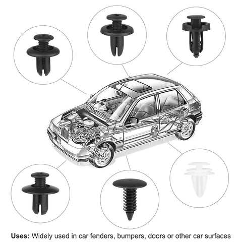 Diagram showing Universal Car Clips And Nylon Plastic Rivets Kit With Six Popular Sizes for bumpers, fenders, and car models.