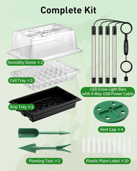Complete kit with 80 Cell Seed Starter Trays Kit, adjustable grow light bars, LED, humidity domes, planting tools, and labels