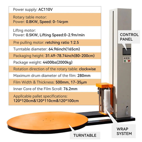Specifications chart and components of Automatic Pallet Wrapping Machine With 65 Inch Turntable Heavy Duty Stretch Wrapper