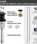 Two-Handle Bathroom Sink Faucet With Oil Rubbed Bronze Finish, showing metal pop-up drain and cUPC certified supply lines.