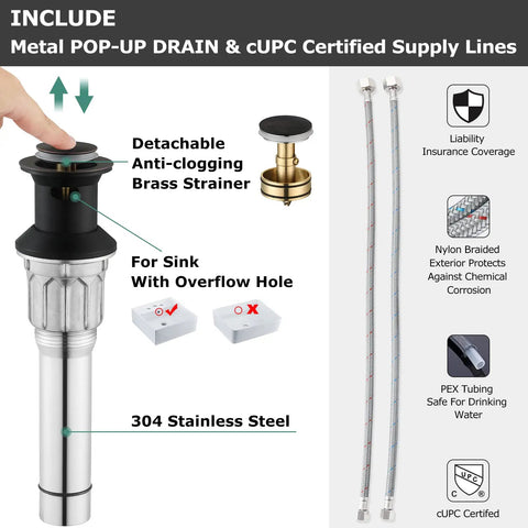 Two-Handle Bathroom Sink Faucet With Oil Rubbed Bronze Finish, showing metal pop-up drain and cUPC certified supply lines.