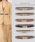 White Skinny Leather Belt For Women With Adjustable Golden Turn Lock Buckle Hole Free Thin Waist Strap Totally Clutch Accessory For Slaying Jeans Daily worn with a beige suit.