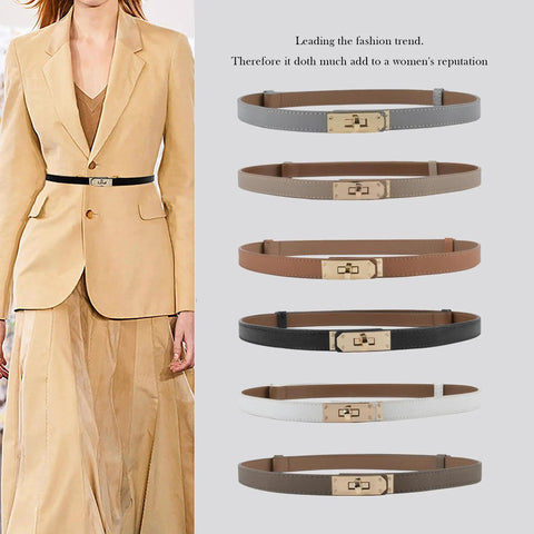 White Skinny Leather Belt For Women With Adjustable Golden Turn Lock Buckle Hole Free Thin Waist Strap Totally Clutch Accessory For Slaying Jeans Daily worn with a beige suit.