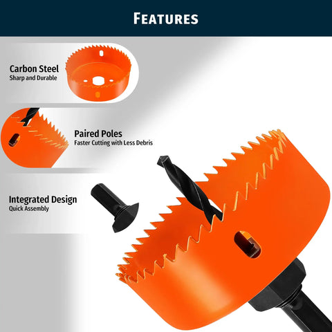 Effortless Hole Saw Kit With Nine Sizes From Three Quarter Inch To Three Inch 19 To 76 Mm Carbon Steel Set Includes Mandrels Drill Bits And Hex Key For Quick Assembly On Wood Drywall And PVC features