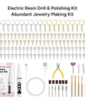 All In One Resin Polishing Kit With Electric Rotary Drill And UV Light, tools and key rings on display for crafting.