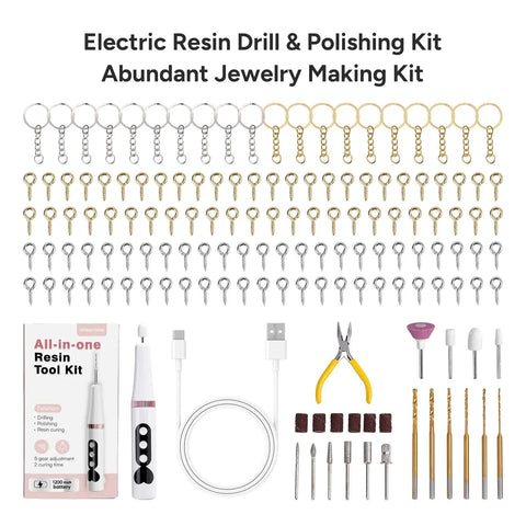 All In One Resin Polishing Kit With Electric Rotary Drill And UV Light, tools and key rings on display for crafting.