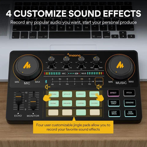 All In One Podcast Studio Bundle With Mixer And USB Audio Interface Plus Condenser Microphone showing customizable sound effects pad