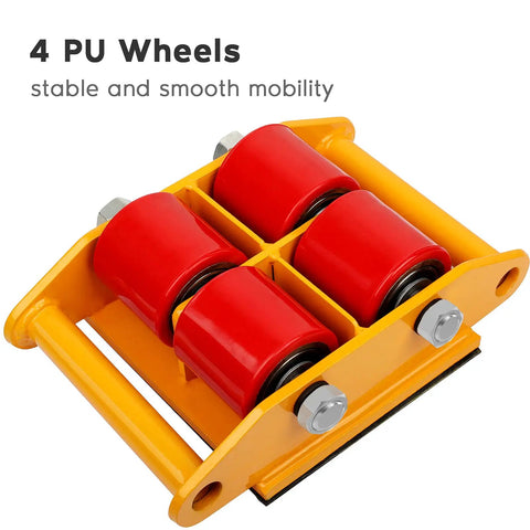 Heavy Duty Machinery Moving Skates Set With 13200 Lb Capacity And 360 Degree Rotation Dolly showing 4 red PU wheels