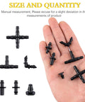 Black plastic drip irrigation barbed fittings kit for 1/4 in tubing; includes straight, tee, elbow, cross, end plug