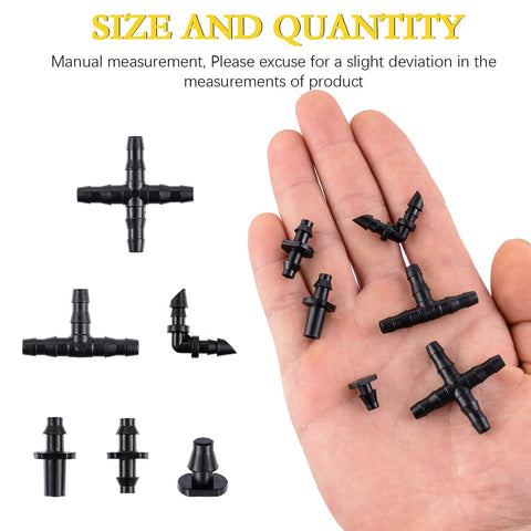 Black plastic drip irrigation barbed fittings kit for 1/4 in tubing; includes straight, tee, elbow, cross, end plug