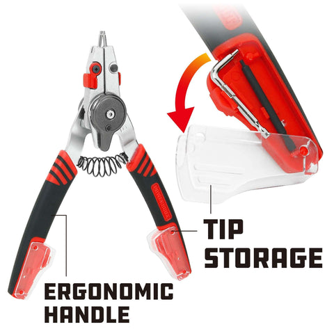Two In One Snap Ring Pliers With Internal External Switch Reversible Design For Tool Free Quick Remove And Install Works On Internal Rings From Three Eighths To Two Inches And External Circlips From One Quarter To Two Inches Spring Loaded Tips Included showing ergonomic handle and tip storage.
