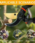 Workhorse Titanium Bypass Pruning Shears cutting a branch, with ergonomic rust-resistant handles, ideal for garden use