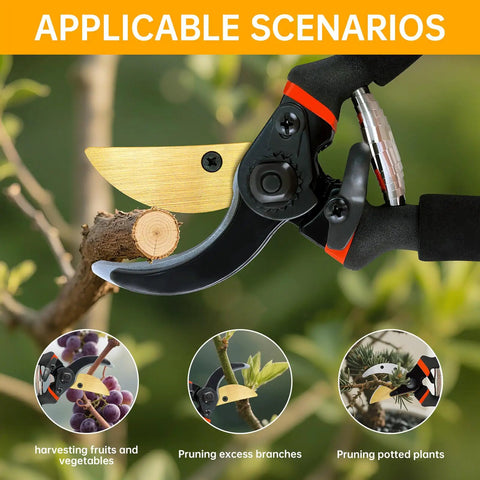 Workhorse Titanium Bypass Pruning Shears cutting a branch, with ergonomic rust-resistant handles, ideal for garden use