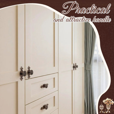 Antique Brass Cabinet Knobs 10 Pack With Backplates on cream wardrobe showcasing retro daisy flower drawer pulls for classic furniture