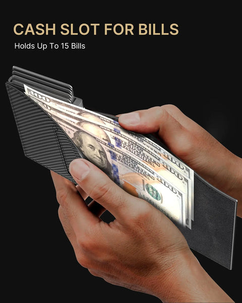 Hands holding Pop Up Aluminum Card Wallet With RFID Blocking displaying bills, showcasing 15-bill capacity and sleek design.