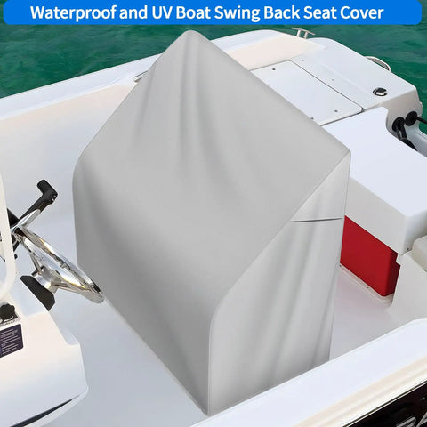 Rugged Waterproof Boat Swing Back Seat Cover 600D Marine Grade Polyester Canvas Swingback Cooler Seat Cover Grey 20D By 36W By 36H All Weather Protection Windproof Tear Resistant UV Guard Boat Seat Shield displayed on a white boat.