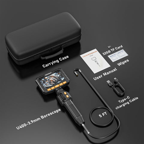 Ultra Slim 3.9mm Two Way Articulating Borescope With 360 Rotating Endoscope Camera Plug And Play Flexible Snake Probe For Gritty Engine Bays And Weekend Warrior Fixes with carrying case and accessories.