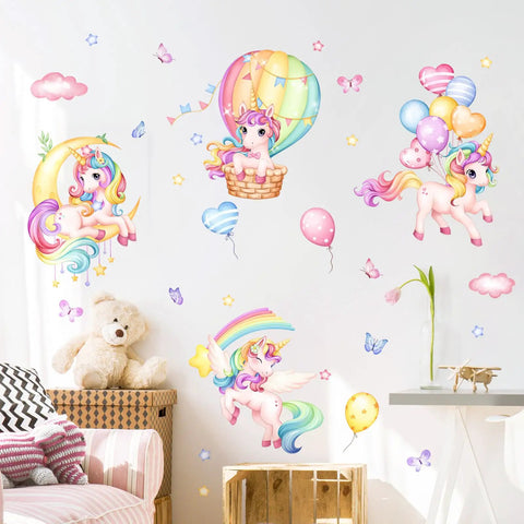 Whimsical Rainbow Unicorn Wall Decals Set With Balloons, Moon, Clouds And Stars for nursery featuring colorful unicorns in playful scenes