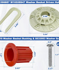 Heavy Duty Washer Drive Hub Kit With Basket Bushing And Six Hub Screws For Durable Spin, plastic parts shown with size labels