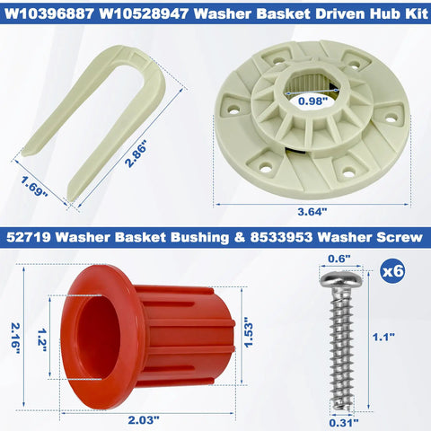 Heavy Duty Washer Drive Hub Kit With Basket Bushing And Six Hub Screws For Durable Spin, plastic parts shown with size labels