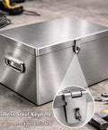 Portable Stainless Steel Tool Box With Heavy Duty Side Handles And Locking Lid And Hella Sturdy Metal Storage Organizer Built Like A Tank For Home Garage Workshop And Yard Projects with keyhole and metal latch.