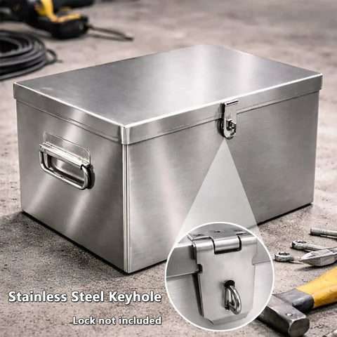 Portable Stainless Steel Tool Box With Heavy Duty Side Handles And Locking Lid And Hella Sturdy Metal Storage Organizer Built Like A Tank For Home Garage Workshop And Yard Projects with keyhole and metal latch.