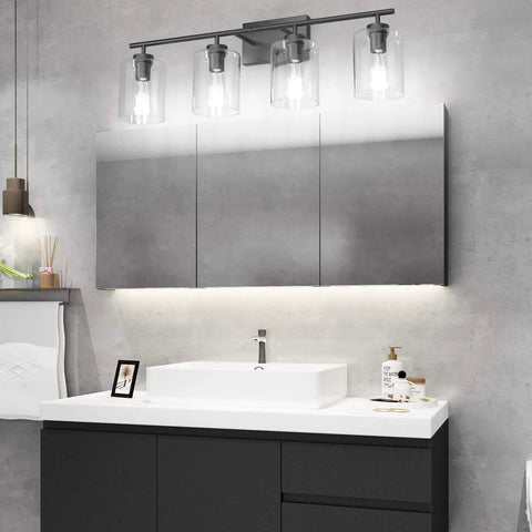 Dope Four Light Black Bathroom Vanity Light Over Mirror With Clear Glass Shades Industrial Style Bath Fixture In Matte Black Finish