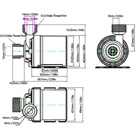 Technical diagram of 19W Submersible Water Pump With 5M Head Brushless Motor Ultra Quiet Performance For Fountains Aquariums