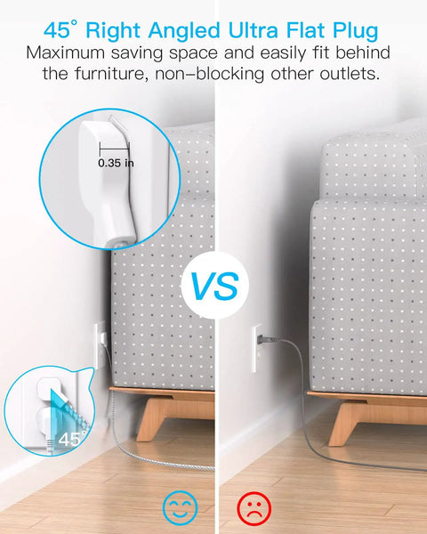 Illustration comparing 45° right-angled ultra flat plug fitting behind furniture vs standard plug, for Ultra Flat 6 Foot Power Strip