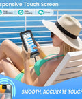 Woman lounging with IP68 Floating Waterproof Phone Pouch Two Pack Fits Up To 8.5 Inches With Secure Locking Submersible Case on a deck chair