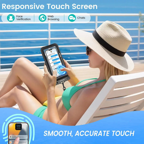 Woman lounging with IP68 Floating Waterproof Phone Pouch Two Pack Fits Up To 8.5 Inches With Secure Locking Submersible Case on a deck chair