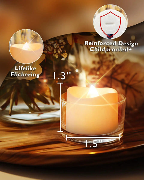 Close-up of a flickering LED tea light candle in a 1.5-inch holder from 72 Pack Flickering Flameless Tea Lights LED Candles Battery Operated.