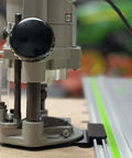 Hook Up Your Trim Router To Track Saw With Ace Guide Rail Adapter For Porter Cable 690 Series on a workbench.