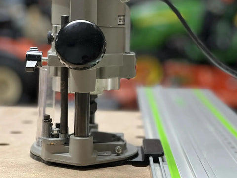 Hook Up Your Trim Router To Track Saw With Ace Guide Rail Adapter For Porter Cable 690 Series on a workbench.