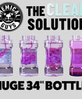 Four clear bottles in varying stages of filling with purple liquid, labeled as 34 oz, part of Big Mouth Max Release Foam Cannon For Pressure Washer 34 Ounce Bottle Pro Grade Car Wash Foam With Thick Clingy Suds For Cars Trucks SUVs Boats And Home Cleaning.