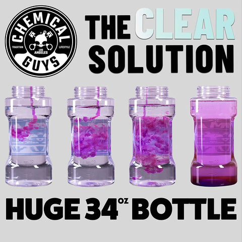 Four clear bottles in varying stages of filling with purple liquid, labeled as 34 oz, part of Big Mouth Max Release Foam Cannon For Pressure Washer 34 Ounce Bottle Pro Grade Car Wash Foam With Thick Clingy Suds For Cars Trucks SUVs Boats And Home Cleaning.