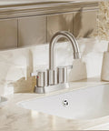 Brushed Nickel 4 Inch Centerset Bathroom Faucet With Two Handles Lead Free And Durable on white counter with copper drain
