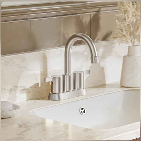 Brushed Nickel 4 Inch Centerset Bathroom Faucet With Two Handles Lead Free And Durable on white counter with copper drain