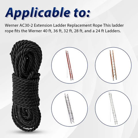 Ladder Rope Replacement For Extension Ladders Up To 40 Feet With Single Pulley Fits Werner AC30 2 And Most Aluminum And Fiberglass Ladders Five Sixteenth Inch Diameter Replacement Kit 1 Pack No Fuss Easy Install Not For Double Pulley Systems shown with applicable ladders.