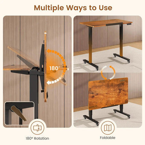 Massive 47 X 24 Inch Electric Standing Desk With 180 Degree Tiltable Mobile Rising Adjustable Height Workstation showing 180 degree rotation and foldable design.