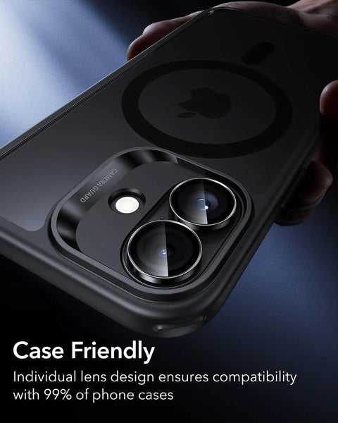 Beefed Up Camera Lens Protector for iPhone 17 16 16 Plus, showing ultra-thin design on black phone case, close-up view