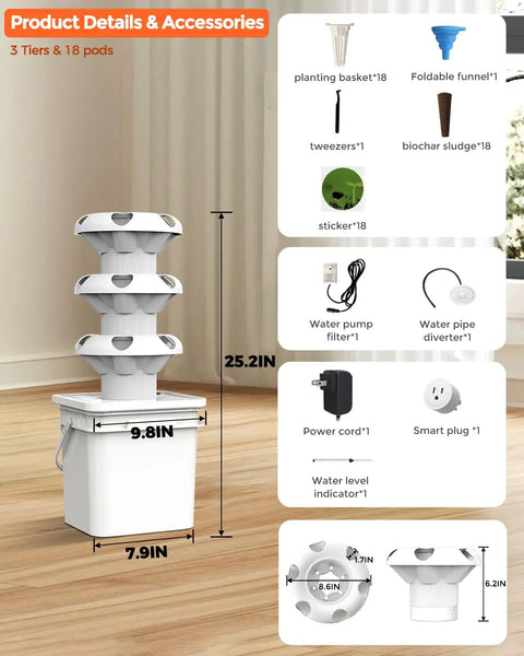 18 Plant Hydroponic Growing System Kit With Tower Indoor Garden 10 Liter Large Capacity Water Tank Circulation For Soilless Veggies And Fruits 3 Tiers For Fast 30 Day Harvest with accessory details and measurements.