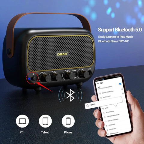 Portable 5W Mini Guitar Amplifier For Electric Guitars With Dual Speakers Rechargeable Battery Bluetooth And Clean Overdrive Effects perfect for practice.