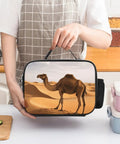 Insulated Lunch Bag For Men And Women Large Capacity Desert Sand Camel Cooler Tote held by a person in kitchen setting