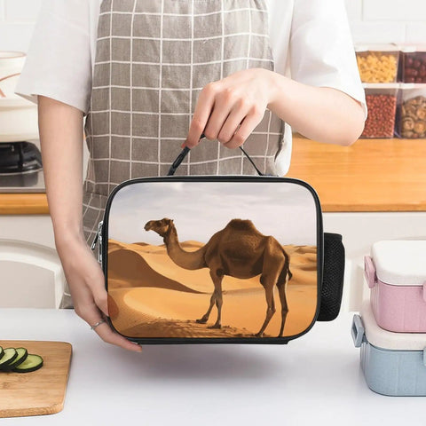 Insulated Lunch Bag For Men And Women Large Capacity Desert Sand Camel Cooler Tote held by a person in kitchen setting
