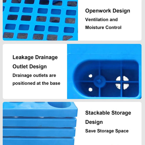Durable Lightweight Plastic Pallet For Indoor And Outdoor Storage, Breathable Platform, drainage and stackable design detail.