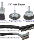 15 Piece Wire Brush Set For Drill Attachments Including Cup, Wheel, And Pen Brushes With One Quarter Inch Hex Shank, Stainless