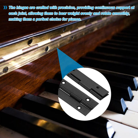 Tough As Nails 36 Inch Continuous Piano Hinge With Mounting Screws 1.5 Inch Open Width Black Coated Steel on piano keys.