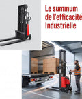 Heavy Duty 3300 Lbs Semi Electric Straddle Pallet Stacker With A Smooth 48V Motor Plus Durable Polyurethane Tires in use by worker.