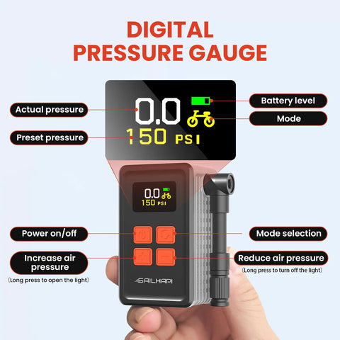Mini Bike Tire Pump With 150 PSI Fast Inflation And Auto Stop Gauge Presta And Schrader Valve On The Go Electric Air Pump For Road And Mountain Bicycles EBikes Motorcycles And Sports Balls